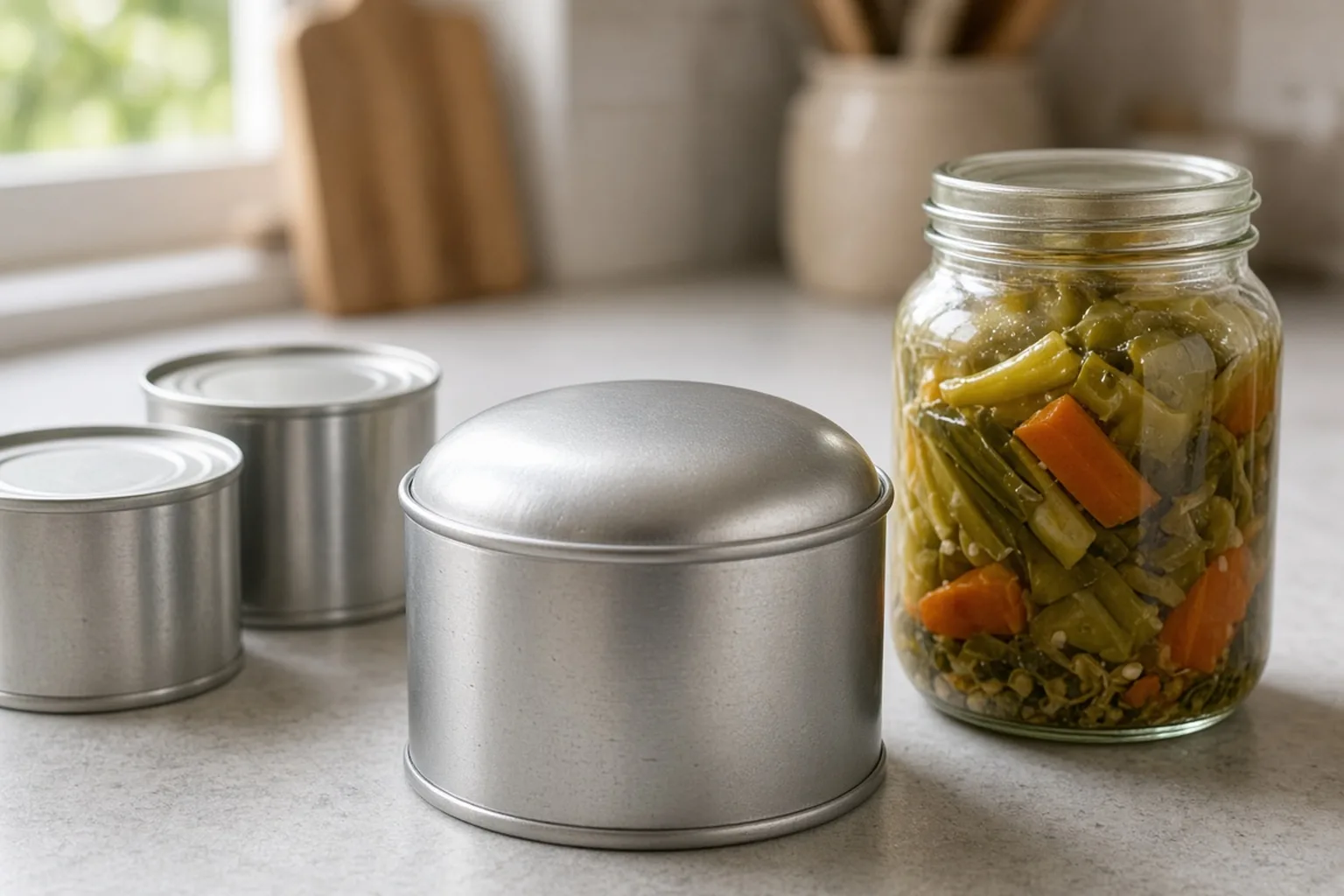 Lata de conserva con la tapa abombada junto a latas normales y un tarro de verduras en conserva casera
