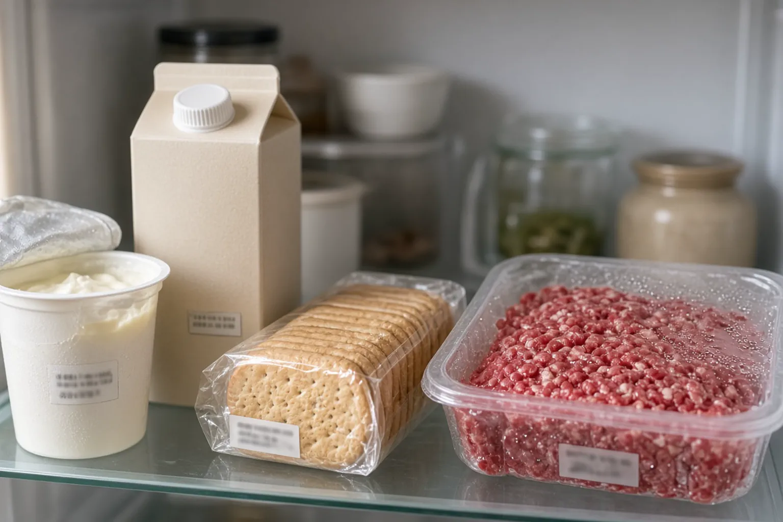 Yogur, leche, galletas y carne picada en la nevera, con las fechas del envase a la vista