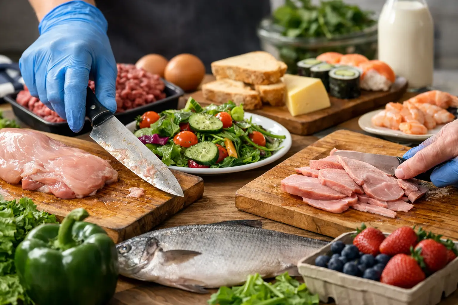 Cocina profesional donde se preparan alimentos crudos y listos para consumo