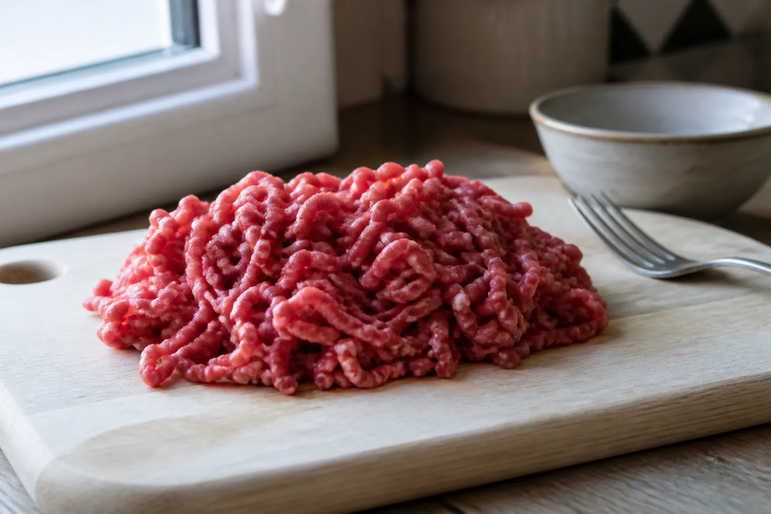 Carne picada cruda de vacuno sobre una tabla, lista para comprobar frescura