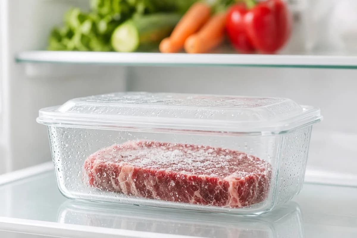 Filete de ternera descongelándose en un recipiente tapado en la balda inferior de la nevera