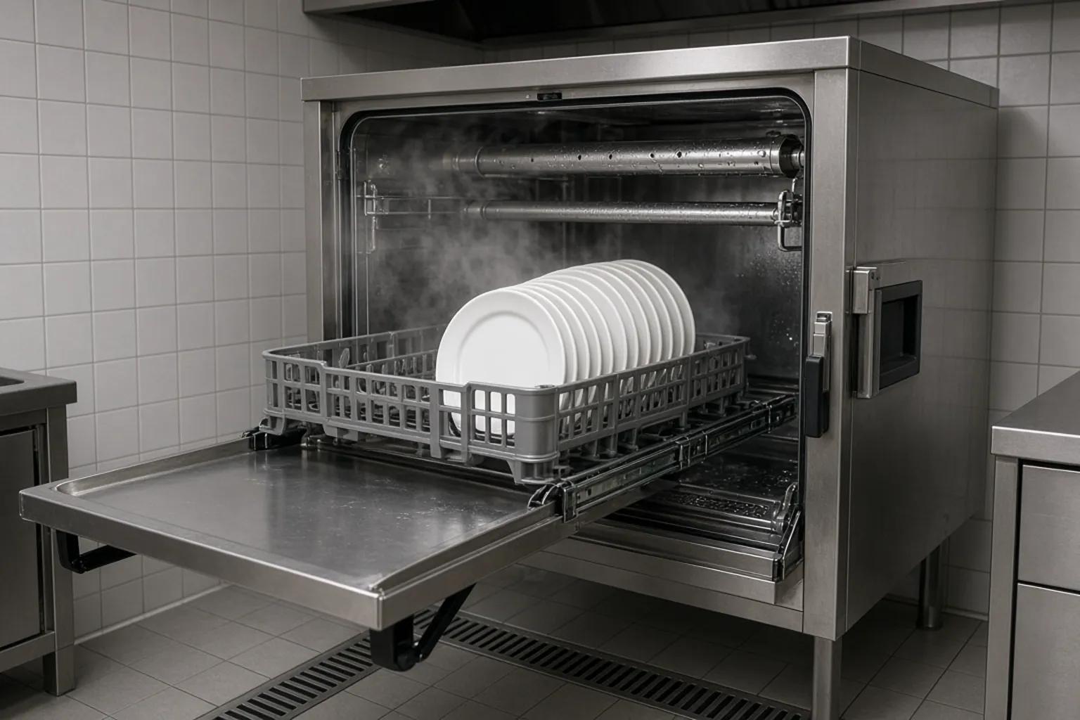 Lavavajillas industrial abierto con una rejilla de platos en una cocina de restaurante