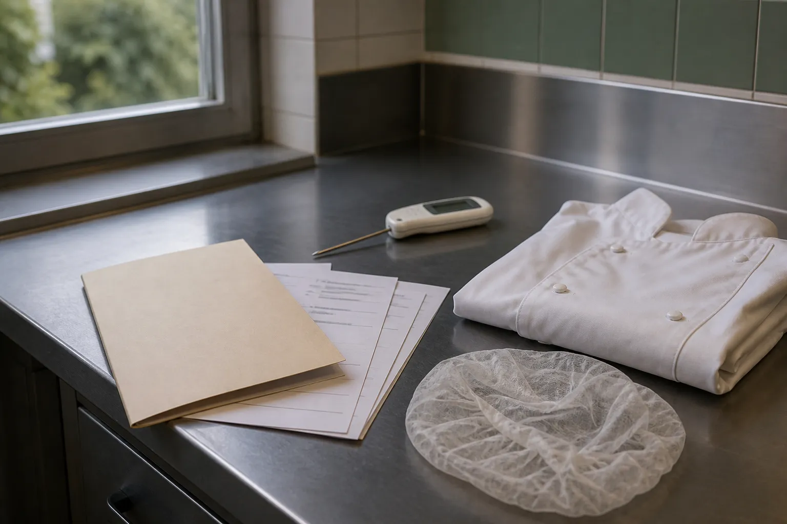 Carpeta de formación en higiene alimentaria sobre una encimera de cocina profesional