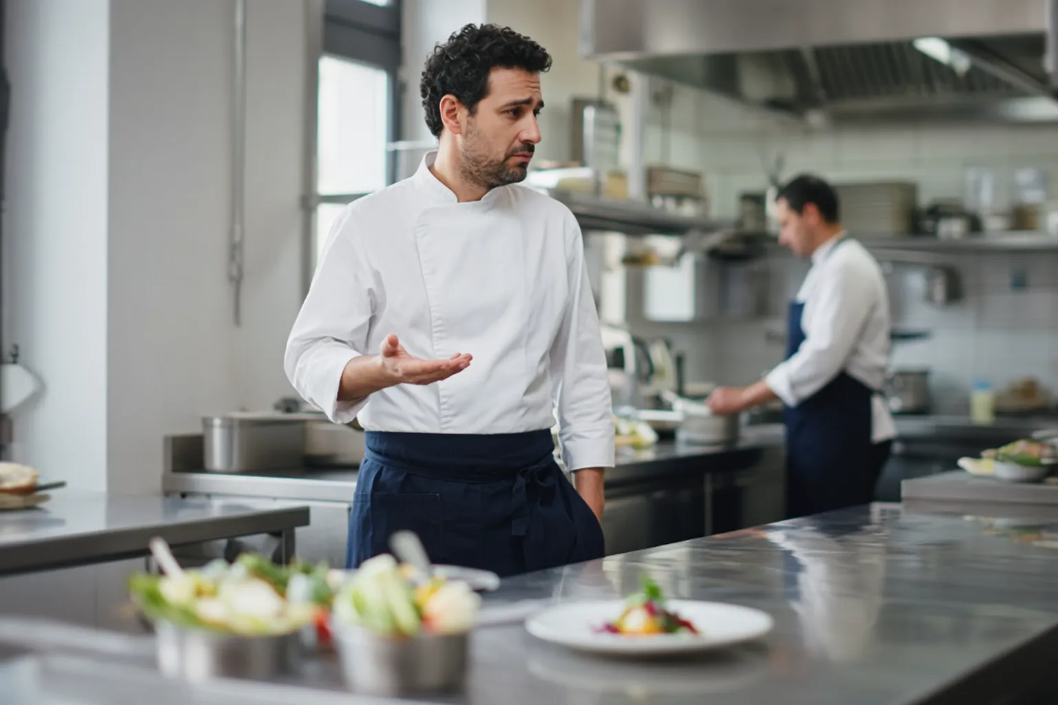 Cocinero apartándose de la zona de preparación para avisar de que está enfermo