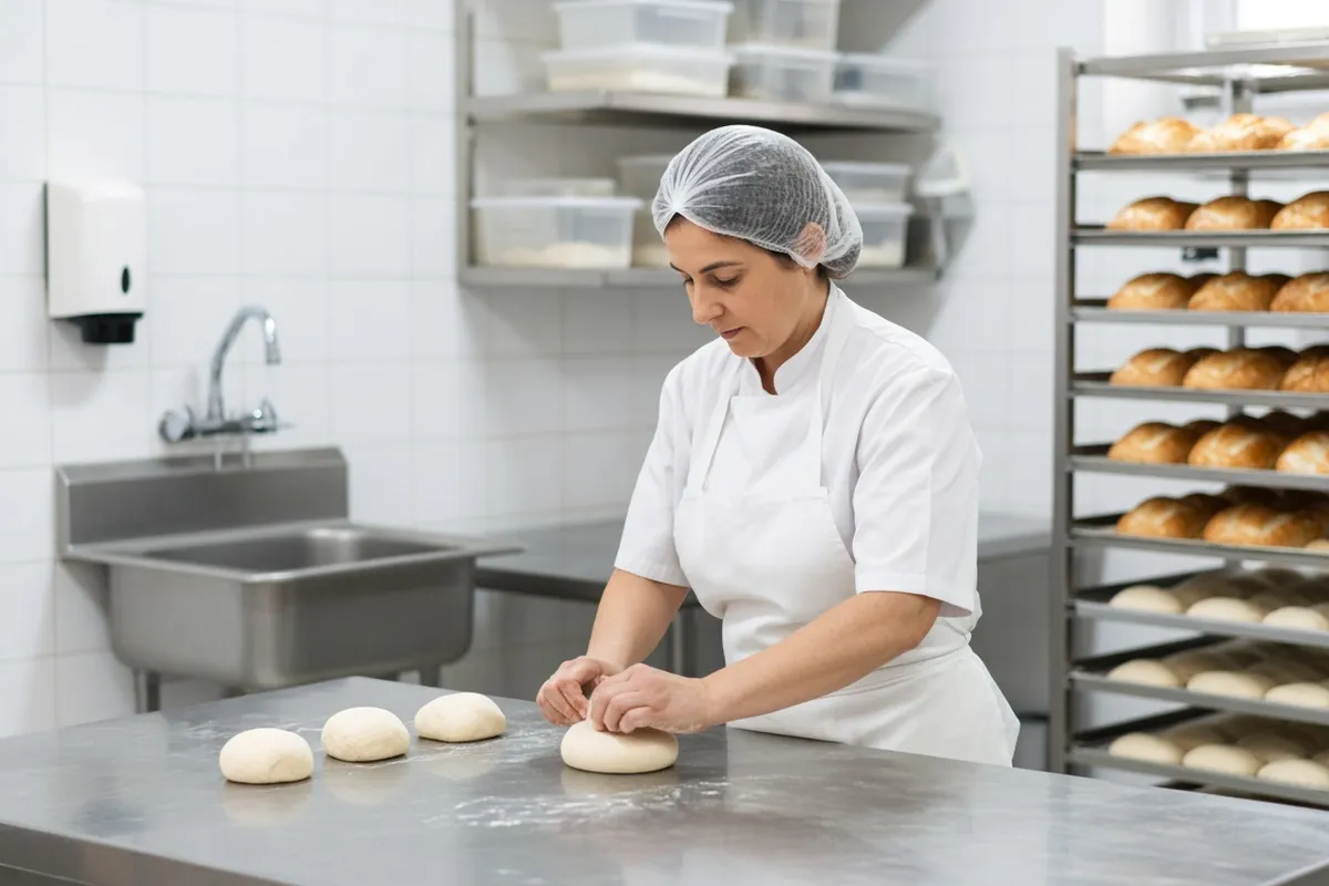 Panadera con redecilla y uniforme blanco boleando masa en una mesa de acero inoxidable de un obrador, con fregadero y carro de bandejas de pan