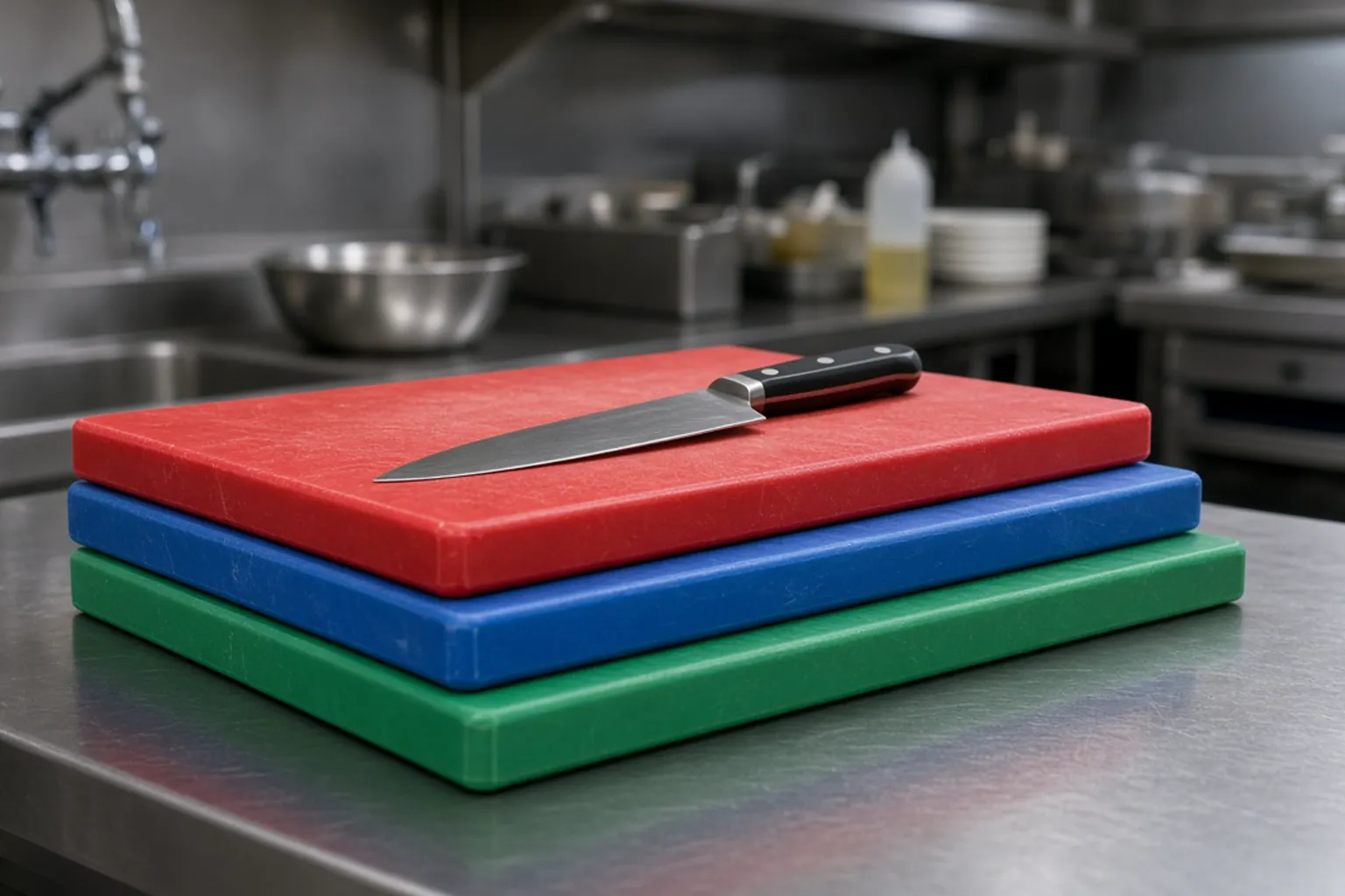 Tablas de polietileno de colores sobre la encimera de acero de una cocina profesional