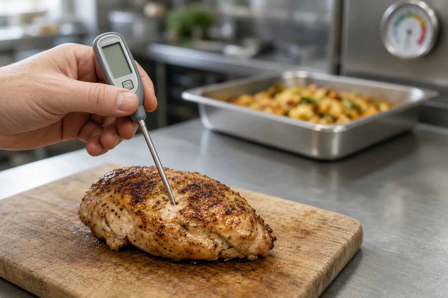 Sonda de temperatura en el centro de una pechuga asada en una cocina profesional
