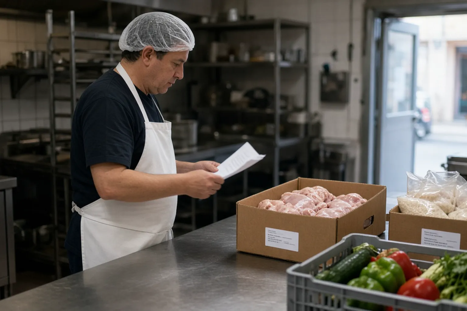 Cocinero revisando el albarán de una recepción de mercancía en la cocina