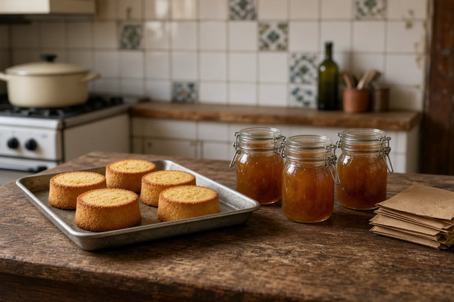 Bizcochos y tarros de mermelada sobre la mesa de una cocina doméstica